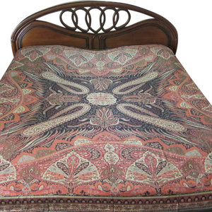 Mogul Interior - Pashmina Blanket Throw Jamawar Cashmere Bedspreads Indian Bedding - Gorgeous & intricate king size Pink, Black, Beige, Brown, Red Reversible Warm Jamavar Wool Indian Bedding Bedspread Bed cover in exquisite huge swirling Floral Paisley motifs with designer paisley borders Blanket from India.