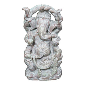 Mogul Interior - Consigned Ganesh Statue- Ganesha Good Luck Stone Statue India Sculpture Sstk-128 - Elegant Lord Ganesha in blessing posture stone statue.