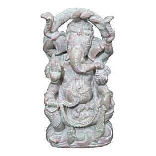 Mogul Interior - Consigned Ganesh Statue- Ganesha Good Luck Stone Statue India Sculpture Sstk-128 - Elegant Lord Ganesha in blessing posture stone statue.