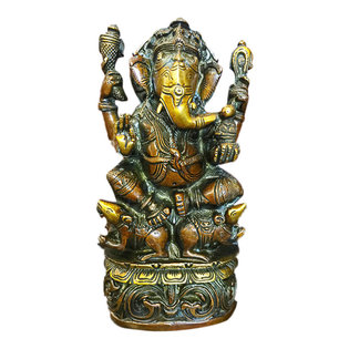 Mogul Interior - Ganesha Statue God Ganesh Idol Brass Statue Yoga Hindu Sculpture 9" - Sri Ganesha Statue Seated Hindu God Brass Sculpture From India.