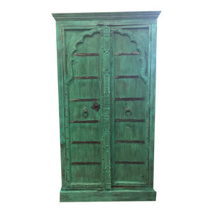 Mogul Interior - Consigned Antique CABINET Hand Carved Distressed Teal Green Armoire Cabinet - The NEW cabinet comes from India and has 18/19 century vintage doors