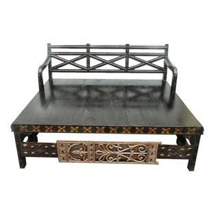 Mogul Interior - Consigned Handmade Dark Wood Rustic Indian Oxcart Daybed Hand Carved Diwan - A rare and beautiful day bed with an elaborate carved brass accents headboard.Indian furniture day bed made from Old oxcart remnants. Brass accents floral designs on day bed gives Haveli style.