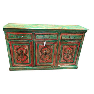 Mogul Interior - Consigned Manjush Chest Red Green Patina Brass Distressed Sideboard Tv Stand - Beautiful, rustic and warm with a red and bright green ton incredible indian will add breathe life into home.