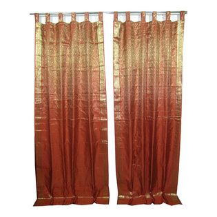 Mogulinterior - 2 Indian Sari Curtains Rust Golden Border Brocade Saree Drapes Window Treatments - Brocade SARI Silk blends