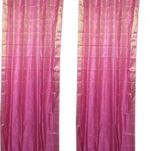 Mogulinterior - 2 India Curtains Mexican Pink Brocade Sari Drapes Golden Border Window Treatment - Brocade SARI Silk Blend