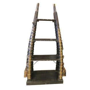 mogulinterior - Consigned Antique Bookcase, Indian Bookshelf, Ox Cart Harness Brass Overlay - Bookcase that was salvaged from the Havelis of Rajasthan with a warm rustic patina that defines character and age.