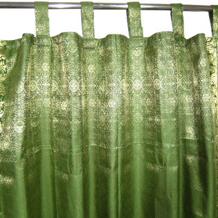Mogul Interior - Indie Style Decor- 2 Green Gold Brocade Indian Sari Curtains Drapes Panels - Brocade Silk blend curtains actually gives a great impact to get the luxurious look of a room design.