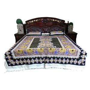 Bed Room Decor Ideas - This bedspread set comes to you from India.Elegant blue beige white floral printed white base handloom cotton bedspread.