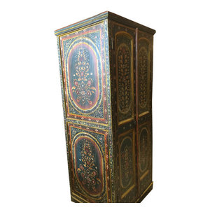 Mogulinterior - Consigned Jodhpur Black Armoire Floral Pained Door for Home Decor - Rich with culture the cabinet doors belong to the British raj as well as imbibes the rustic charm from old India.The carving on the cabinet door are door from the tradition of vastu culture which is the Indian art of the interior design . This amazing furniture is made of reclaimed shutters and antique elements from Jodhpur, Rajasthan, India!