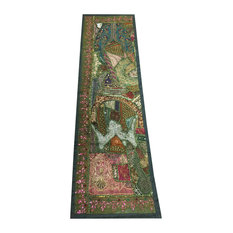Mogul Interior - Consigned Antique Fabric, Green Sari Patchork Sequin Embroidered Tapestry - Table Runners