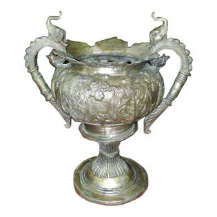 Mogul Interior - Consigned Intricately Carved Silver Finish Brass Planter - All of our items are one off pieces of lovely planters which have been lovingly restored to create the original pieces that we sell.