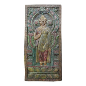 Mogul Interior - Consigned Indian Wall Panels Green Patina Abhaya Buddha Hand Craved Panel - Beautifully hand carved Lord Buddha is standing on double lotus base, his right is held up in the abhaya mudra and left hand resting on his leg. The Buddha has a yellow lotus shaped finial on the top of his head and he wears a beautiful yellow necklace around the neck.