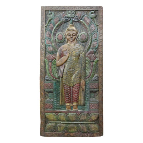 Mogul Interior - Consigned Indian Wall Panels Green Patina Abhaya Buddha Hand Craved Panel - Wall Decor