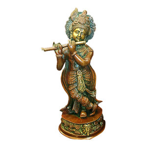 Mogulinterior - Krishna Statue - Hindu God of Love and Divine Joy Brass Sculpture - Gopal Krishna Playing the Flute Indian Brass Statue in Copper finish from India