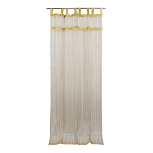 Mogul Interior - 2 Organza Sheer Curtains Beige Stripe Pattern Sari Border Indian Drapes, 48x108 - Vibrant & stunning decor with golden lace border organza sari curtains, add delicate sheer style to your windows.
