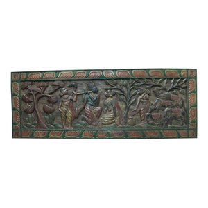 Mogul interior - Consigned Headboard Radha Krishna Gopis Carved Solid Wood Wall Panels Furniture - Bedroom Decor Krishna plying flute in front of the radha Carved scalloped top Headboard.