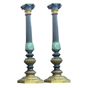 Mogul Interior - Antique Pair Architectural India Carved Brass Candle Stands Holder - Candleholders