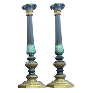 Mogul Interior - Antique Pair Architectural India Carved Brass Candle Stands Holder - They are an ideal choice when you want to enrich interior spaces with character and timeless beauty.