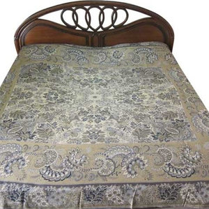 Mogul Interior - Pashmina Bedspreads Indian Bedding Blanket Khaki Reversible Throw - Gorgeous and intricate Grey, Beige and Black Reversible Warm Jamawar Wool Indian Bedding