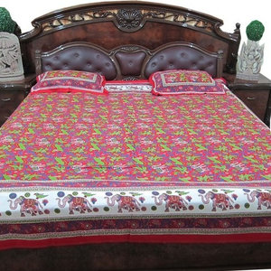 Mogul Interior - Indian Bedspread Red Animal Printed Cotton Bedsheet Coverlet - This bedspread set comes to you from India.Elegant printed base cotton bedspread.