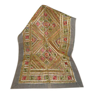 Mogul Inyerior - Decorative Grey Red Sofa Throw Golden Mirror Embroidered India - Gorgeous & creative rectangular shape exquisite multi color Sofa Throw/ Bedspread has intricate mirror and hand embroidery works add ethnic touch to your home.