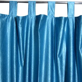 Mogul Interior - Consigned Blue Tab Top Sari Curtain / Drape / Panel - Indian silk sari Curtain window drape Panels are not lined the perfect choice for your color matching bedroom decor, light, drapes with peasant look.