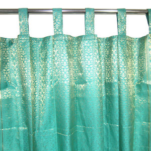 Mogul Interior - Indie Style Decor- 2 Persian Green Gold Brocade Indian Sari Curtains Drapes - Brocade Silk blend curtains actually gives a great impact to get the luxurious look of a room design.