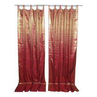 Mogulinterior - Indie Style Decor- 2 Red Maroon Gold Brocade Indian Sari Curtains Drapes Panels - Brocade Silk blend curtains actually gives a great impact to get the luxurious look of a room design.