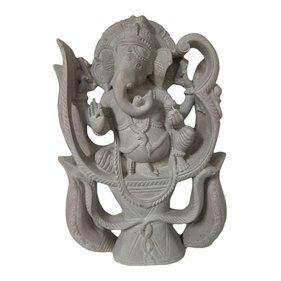 Mogul Interior - Consigned Lord Ganesha Sitting In Trident Stone Statue - This statue comes with beautiful hand carving work on it. The attractive designs carved on this statue makes them perfect to be kept in luxurious and modern drawing rooms as a symbol of luck, wealth and prosperity.