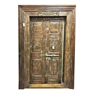 Mogul Interior - Consigned Double Doors Salvage Teak Wood Lotus Door With Frame - Rich with history and detail these set of doors will accent beautifully any room.Indian style Indian doors Frame are extremely strong, long lasting and secure.