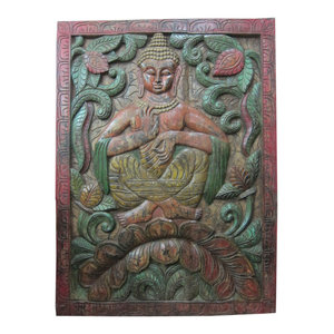 Mogul Interior - Consigned Wall Panel Vitarka Mudra Eclectic Boho Zen Wall Decor  48X36 - The Buddha seated on floral base hand carved colorful door panel from India.