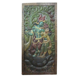 Mogul Interior - Consigned Dancing Krishna Radha Teak Wood Wall Panel 72 X 36" - Hand carved wall panels of Krishna and Radha dancing under the Kadambari tree on the double lotus flower base from India.