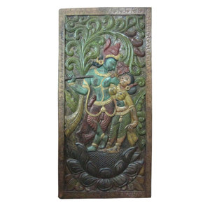 Mogul Interior - Consigned Dancing Krishna Radha Teak Wood Wall Panel 72 X 36" - Hand carved wall panels of Krishna and Radha dancing under the Kadambari tree on the double lotus flower base from India.