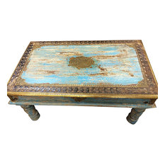 Mogul Interior - Consigned Blue Patina Coffee Table Vintage Indian Antique Furniture Jaipur Style - Solid wood Rustic Sofa square Coffee Table top has solid surface giving it a traditional feel.