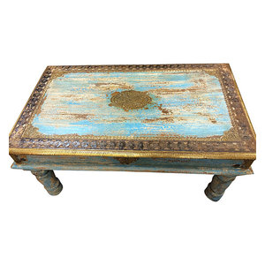 Mogul Interior - Consigned Blue Patina Coffee Table Vintage Indian Antique Furniture Jaipur Style - Solid wood Rustic Sofa Rectangular Coffee Table top has solid surface giving it a traditional feel.