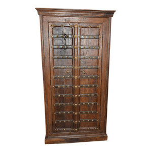 Mogul Interior - Consigned Antique Haveli Old Door Brass Armoire Hand Carved Storage Cabinet - Bedroom Furniture