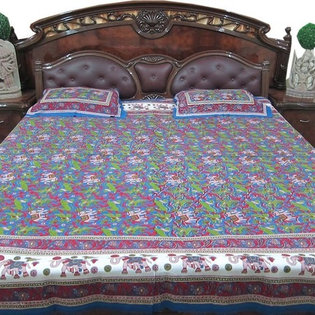 Mogul Interior - Cotton Bedspread Blue Animal Printed Indian Bedding Bedsheet This bedspread set - This bedspread set comes to you from India.Elegant printed base cotton bedspread.