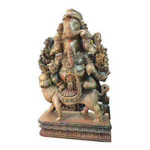 Mogul Interior - Consigned Hindu Ganesh Solid Wooden Sculpture Panchmukha Face Ganesha Statue - This is a Panchamukthi Vinayaka or five headed wood carving statue of Lord Ganesh.