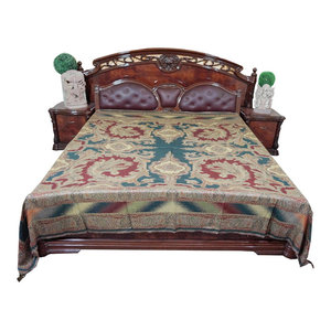 Mogul Interior - Pashmina Blanket Throw Red Green Indian Bedspread King Sz - Wool Blends with Rayon