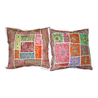 Mogul Interior - Red Pink Sari Patchwork Beaded Pillow Shams, Set of 2 - *Vintage Beaded Cushion Cover, sari  tapestry patchwork and sequin embroidered