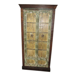 Mogul Interior - Consigned Antique Doors Cabinet Shabby Storage Armoire Rustic Handcrafted Chest - The cabinet comes from India and has 19century vintage doors, natural old patinas and beautiful rustic woods. The sides are crafted from old reclaimed mango wood.