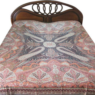 Mogul Interior - Pashmina Blanket Cashmere Pashmina Bedspreads Sofa Throw - Gorgeous & intricate KING/QUEEN. Orange, pink, Brown, Black Reversible Warm Jamavar Wool Indian Bedding Bedspread Bed cover in exquisite huge swirling Floral Paisley motifs with designer paisley borders Blanket from India.
