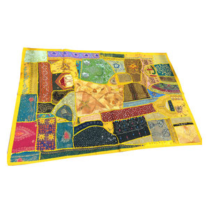 Mogul Interior - Consigned Indian Sari Tapestry Yellow Embroidered Wall Hanging - *Bohemian Traditional style handmade wall hanging tapestry has yellow colors with golden sparking