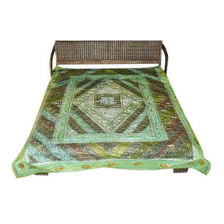 Mogul Interior - Mogulinterior Indian Sequin Green Bedspread Tapestry Throw Vintage Sari - Vibrant multicolor sparkling and mirror work adds to the glitter adorn various motifs cotton vintage sari hues of Color bedspreads.
