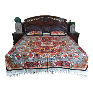 Mogul Inteior - Indian Bedding Inspired Galicha Red Bedspread Tapestry Ethnic Throw Bedcover - Authentic hand block printed, hand loomed cotton bedspreads.Variation and color runs are an inherent part of the hand crafting process.