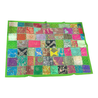 Mogul Interior - Consigned Sari Patchwork Green Tapestry - Ethnic Style home decor sari wall hanging tapestry has slate Green colors with golden sparking