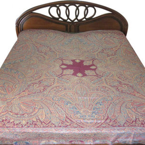 Mogul Interior - Pashmina Blanket Throw Jamawar Cashmere Bedspreads Bedding King - Gorgeous & intricate KING/QUEEN. Purple, Brown, Black Reversible Warm Jamavar Wool Indian Bedding Bedspread Bed cover in exquisite huge swirling Floral Paisley motifs with designer paisley borders Blanket from India.