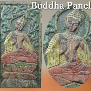 Wood Carving Buddha Panel - The Buddha seated on double lotus base hand carved colorful door panel from India.