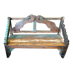 Mogul Interior - Consigned Distressed Indoor Outdoor Reclaimed Woods Bench - *Classic  long bench, This bench would enhance indoor & outdoor and is ideal an a memorial carved wooden bench from India.