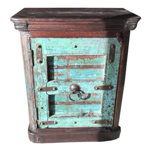 Mogul Interior - Consigned Vintage blue single Door Storage side end table corner Cabinet chest - The sideboard comes from India and are a 19 century vintage pieces.
